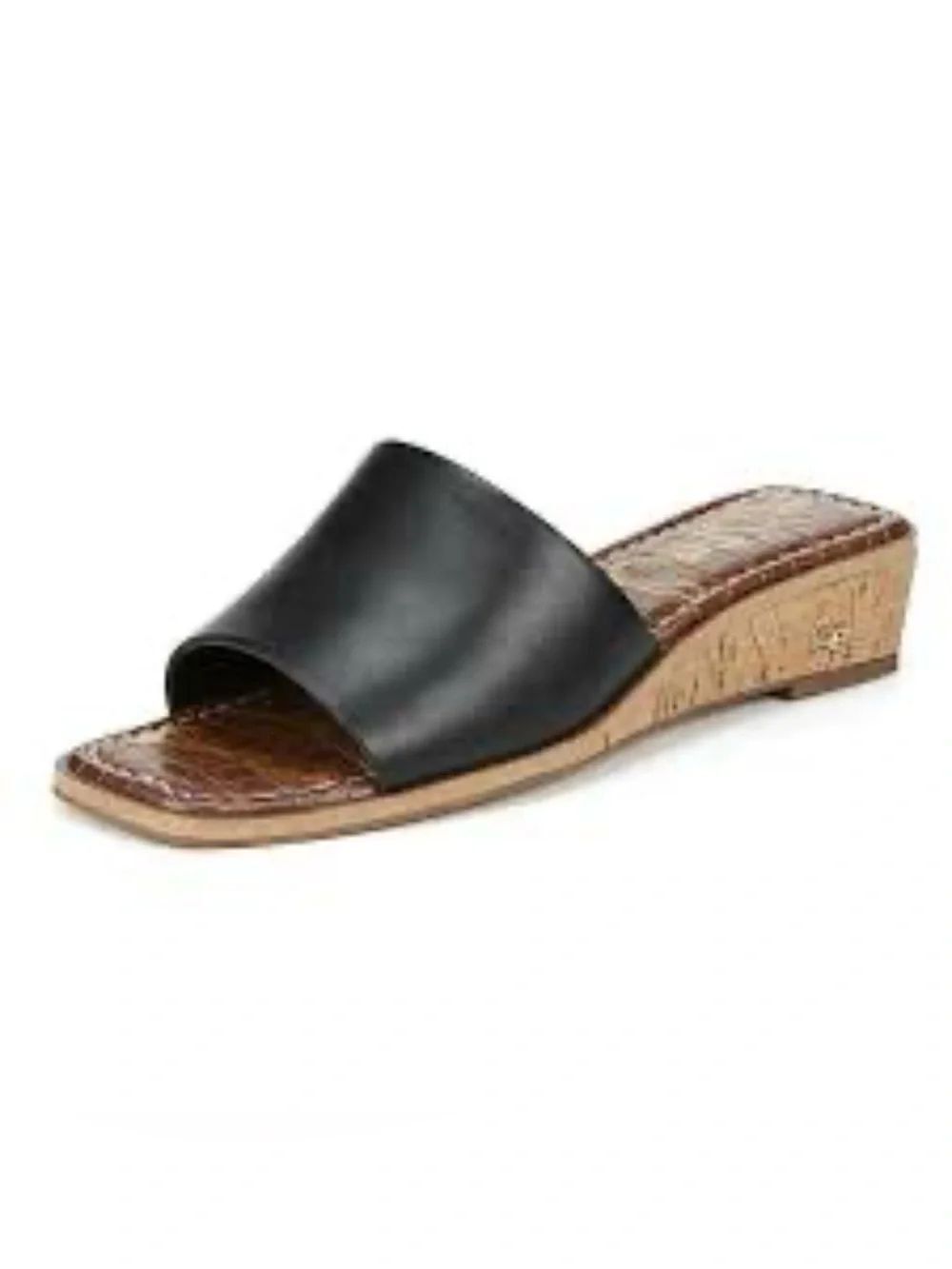 Sam Edelman VALERY Black Leather Padded Footbed Cork Wedge Slide Sandals